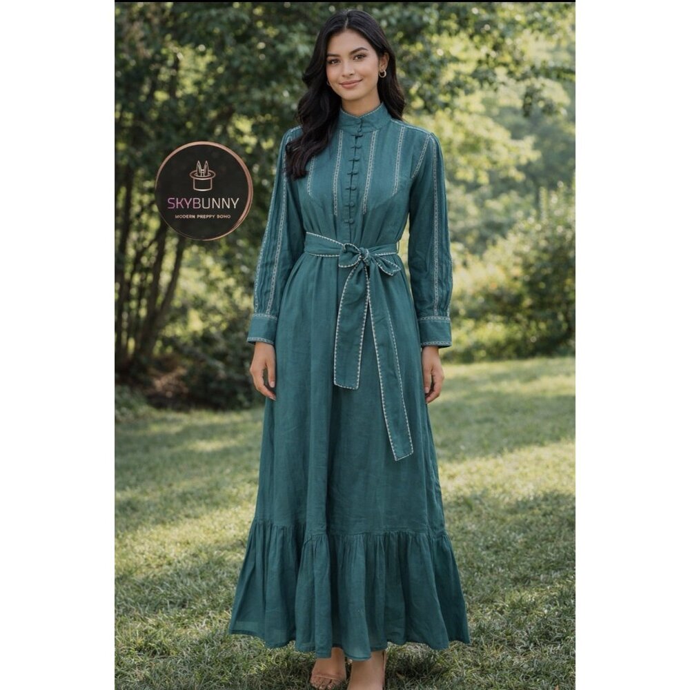 Ex Voto Sutton Cotton Maxi Dress Small Emerald Green Embroidered Boho Style $289